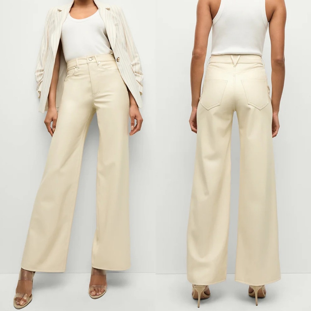 Veronica Beard Taylor Relaxed Wide Leg Pants Ecru Vegan‎ Leather Womens Size 31